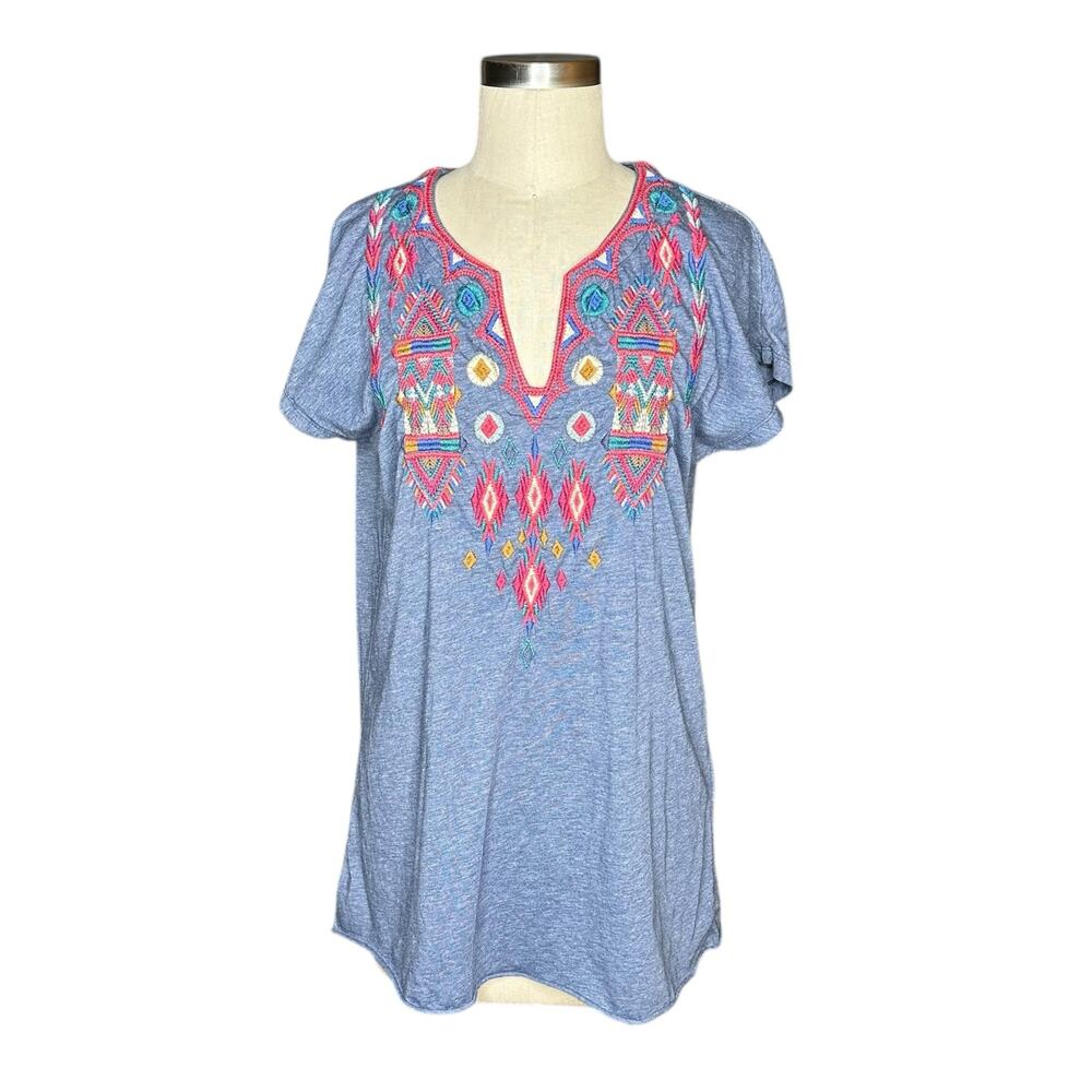 JOHNNY WAS Blue Etienne Embroidered Tunic Top Women's Size XS Colorful‎ Boho